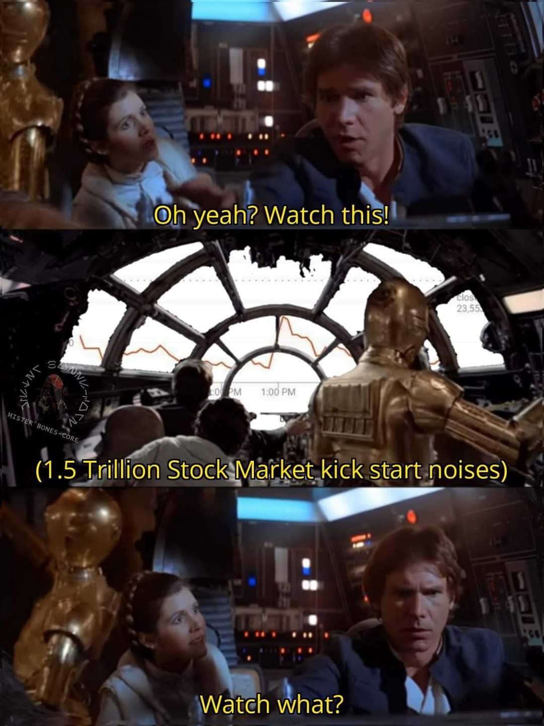 This meme is a screenshot from the 2015 Star Wars film "The Force Awakens" where a character named Poe Dameron is trying to explain a complex technical concept to a young woman named Rey. The meme is captioned "In 2 minutes we will know if the stock market will crash or not" and "LIVE: In 2 minutes we will know if the stock market will crash or not".